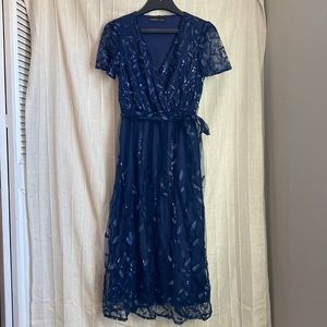 Navy Blue Floral Embroidered Sequin Faux Wrap Dress Size M Luxedo